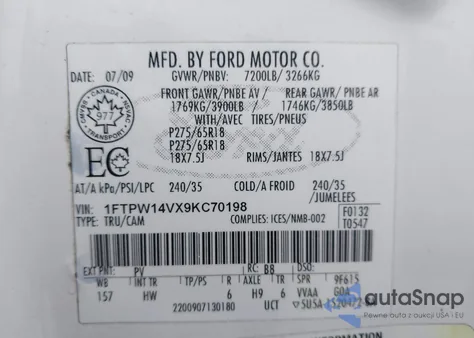 2009 Ford F-150 Fx4/King Ranch/Lariat/Platinum/Xl/Xlt из США, поврежденный, VIN 1FTPW14VX9KC70198